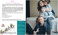 Bildcollage med två bilder som visar illustrerad information om ABC-föräldraträffar samt en familj som sitter vid en säng. Två vuxna och två barn.
