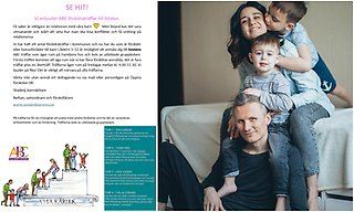Bildcollage med två bilder som visar illustrerad information om ABC-föräldraträffar samt en familj som sitter vid en säng. Två vuxna och två barn.