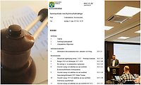 Bildcollage med tre bilder där den första är en ordförandeklubba som ligger ovanpå en kallelse. Bild två är ett skärmklipp från kallelsen till kommunfullmäktige 25 juni2025 Perstorps Kommun. Bild tre visar en man som står i en talarstol. Ledamöter lyssnar.