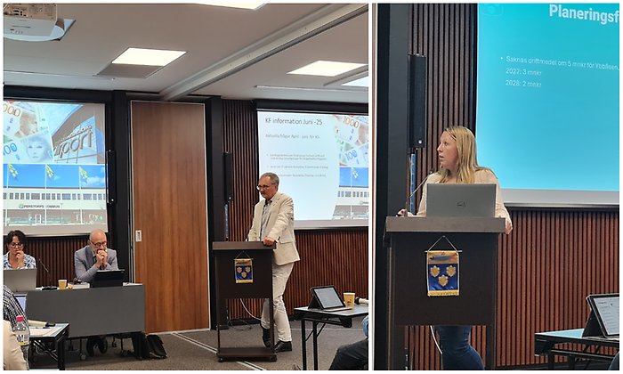 Bildcollage med två bilder där den första visar en man som står i en talarstol. Han bär ljus kostym och på skärmar bakom visas presentation. Bild två är visar en kvinna med ljust hår och ljus tröja som talar.Ledamöter lyssnar.