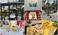 Bilodcolage med sex bilder som visar midsommarfirande på Rydbogården i Perstorp