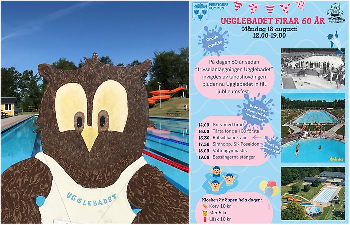 Bildcollage med två bilder som visar affisch över arrangemang på Ugglebadet den 18 augusti. Affischen går i blå och ljusröd nyans och innehåller programtider och bilder på badet förr och nu. Den första och största bilden visar en Uggla på en skylt som står framför bassängerna på Ugglebadet.