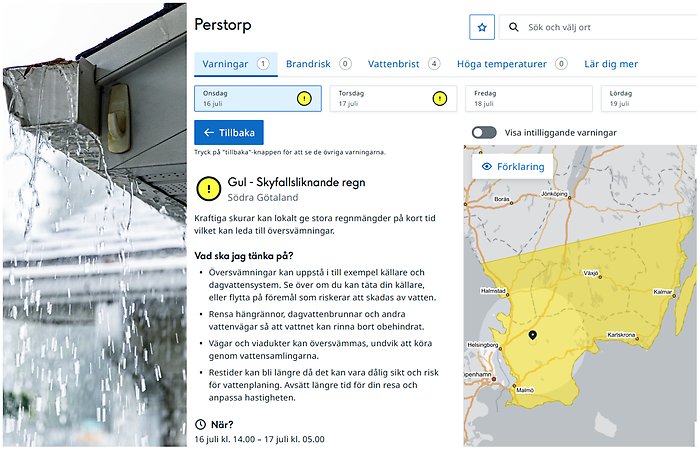 Bildcollage med två bilder som visar gul vädervarning från SMHI samt hängränna som svämmar över av mycket regnvatten.