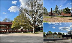 Bildcollage med tre bilder som visar exteriör Perstorps grundskolor: Centralskolan, Norra Lyckaskolan och Parkskolan