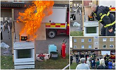 Brand på spis, demonstration med räddningstjänsten. Tre bilder som visar brand i kastrull, hur den släcks med lock och allmänhet som tittar på.