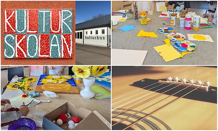 Bildcollage med fyra bilder som visar exteriör Kulturskolan, en mosaiktavla där det står Kulturskolan samt två bilder på skapande konst