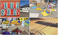 Bildcollage med fyra bilder som visar exteriör Kulturskolan, en mosaiktavla där det står Kulturskolan samt två bilder på skapande konst