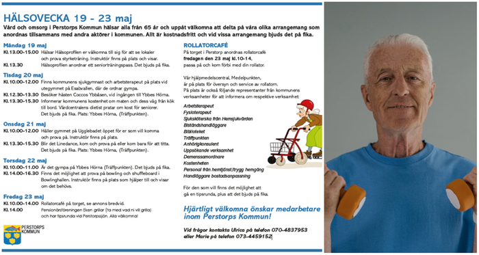 Bildcollage med program Hälsovecka samt mansperson som håller hantlar i händerna