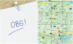 Bildcollage med två bilder där den förstas visar texten obs och den andra ett skärmklipp på en karta över Perstorps kommun