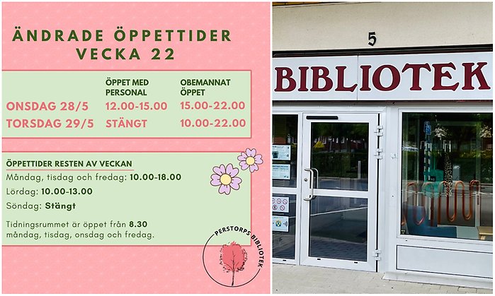 Bildcollage med illustrerad information om biblioteket öppettider under kristi himmelsfärdsdag. Bild två visar exteriör biblioteket.