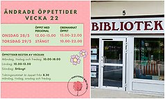 Bildcollage med illustrerad information om biblioteket öppettider under kristi himmelsfärdsdag. Bild två visar exteriör biblioteket.