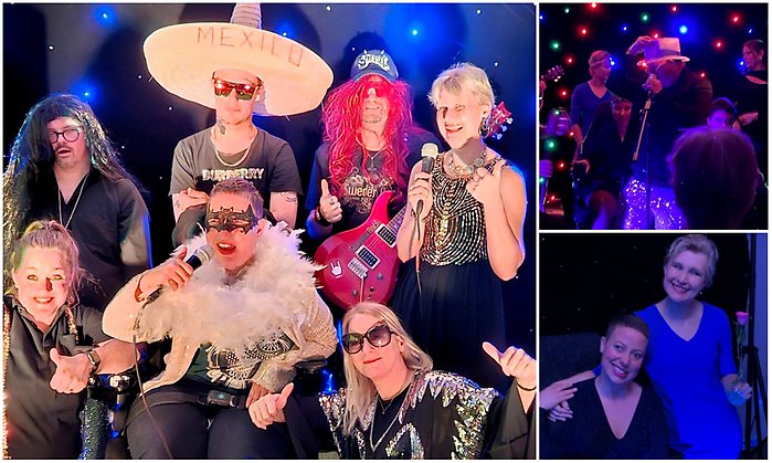 Bildcollage med tre bilder som visar deltagare i dagligverksamhets vårshow. De har scenkläder och ljuset i lokalen är dämpad