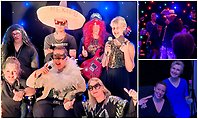 Bildcollage med tre bilder som visar deltagare i dagligverksamhets vårshow. De har scenkläder och ljuset i lokalen är dämpad