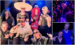 Bildcollage med tre bilder som visar deltagare i dagligverksamhets vårshow. De har scenkläder och ljuset i lokalen är dämpad