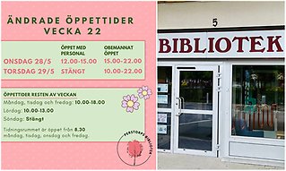 Bildcollage med illustrerad information om biblioteket öppettider under kristi himmelsfärdsdag. Bild två visar exteriör biblioteket.