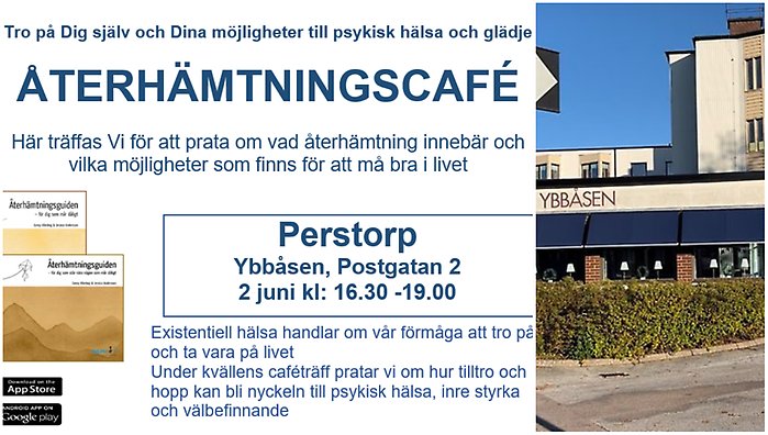 Bildcollage med två bilder som visar exteriör Ybbåsen samt skriftlig information om Återhämtningscafé på Ybbåsen Postgatan 2