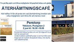 Bildcollage med två bilder som visar exteriör Ybbåsen samt skriftlig information om Återhämtningscafé på Ybbåsen Postgatan 2
