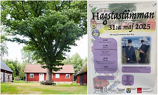 Bildcollage med två bilder som dels visar exteriör Artur Lundkvist födelsehem i Hagstad och dels programaffsich för hagstadagen.