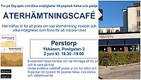 Bildcollage med två bilder som visar exteriör Ybbåsen samt skriftlig information om Återhämtningscafé på Ybbåsen Postgatan 2