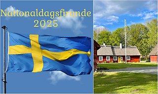 Bildcollage med två bilder där den första visar en svenska falgga ovanför det står nationaldagsfirande med gul text. Bild två visar exteriör Perstorps hembygdsgård med grönskande bokträd i bakgrunden.