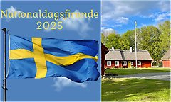 Bildcollage med två bilder där den första visar en svenska falgga ovanför det står nationaldagsfirande med gul text. Bild två visar exteriör Perstorps hembygdsgård med grönskande bokträd i bakgrunden.