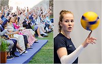 Bildcollage med två bilder på en kvinna i långt hår som snurrar en volleyboll på sitt pekfinger. På den andra bilden ses kronprissena och , prinsen, kungen och drottningen av Sverige sitta i publiken i samband med Victoriakonserten i Borgholms slottsruin.