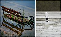 Bildcollage med två bilder där den första visar en översvämmad bänk. Den andar visar en vägstolpe omringad av högt vatten.