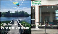 Bildcollage med två bilder. Den första visar Ybbarpssjön i Perstorp med logotypen för Boplats syd och texten Välkommen till oss Perstorps Bostäder. Den andra bilden är exteriör Perstorps bostäders kontor.
