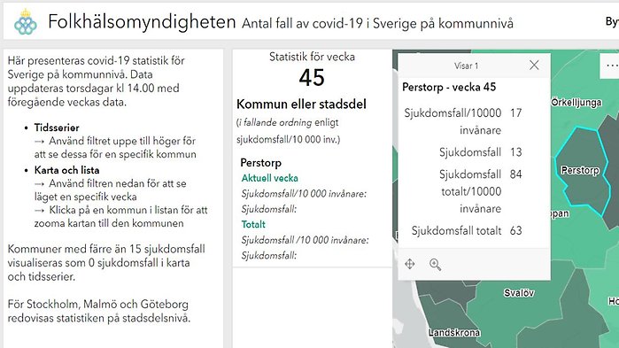Folkhälsomyndigheten uppdaterar varje torsdag klockan 14 covid-19 statistik för Sverige på kommunnivå. Data uppdateras med föregående veckas data. Klicka på bilden för att komma till sidan för Perstorp.